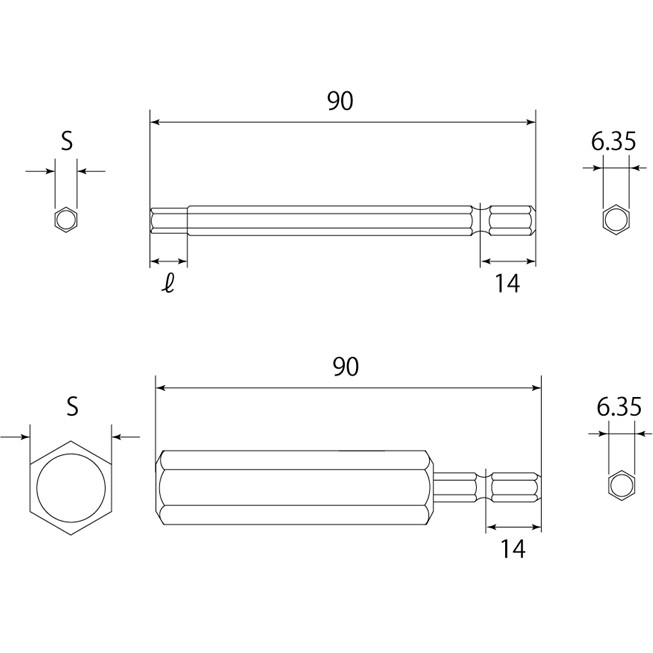 電動ドリル用ヘクスビットの図面