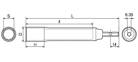 電動ドリル用12角ソケット　ロングタイプの図面